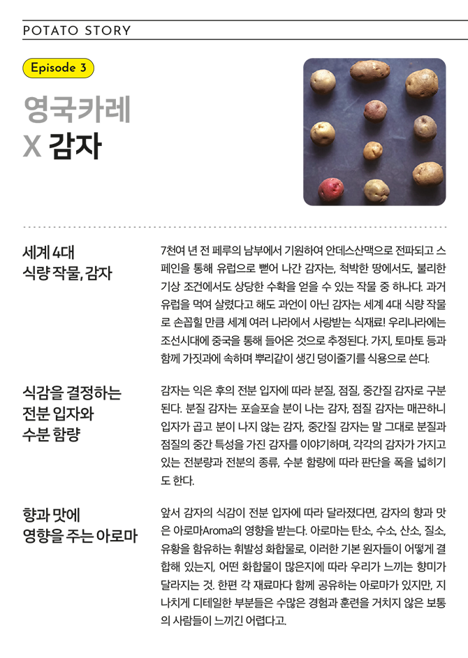 POTATO STORY Episode 3 영국카레 x 감자 세계 4대 식량작물, 감자 7천여 년 전 페루의 남부에서 기원하여 안데스산맥으로 전파되고 스페인을 통해 유럽으로 뻗어 나간 감자는, 척박한 땅에서도, 불리한 기상 조건에서도 상당한 수확을 얻을 수 있는 작물 중 하나다. 과거 유럽을 먹여 살렸다고 해도 과언이 아닌 감자는 세계 4대 식량 작물로 손꼽힐 만큼 세계 여러 나라에서 사랑받는 식재료! 우리나라에는 조선시대에 중국을 통해 들어온 것으로 추정된다. 가지, 토마토 등과 함께 가짓과에 속하여 뿌리같이 생긴 덩이줄기를 식용으로 쓴다. 식감을 결정하는 전분 입자와 수분 함량 감자는 익은 후의 전분 입자에 따라 분질, 점질, 중간질 감자로 구분된다. 분질 감자는 포슬포슬 분이 나는 감자, 점질 감자는 매끈하니 입자가 곱고 분이 나지 않는 감자, 중간질 감자는 말 그대로 분질과 점질의 중간 특성을 가진 감자를 이야기하며, 각각의 감자가 가지고 있는 전분량과 전분의 종류, 수분 함량에 따라 판단을 폭을 넓히기도 한다. 향과 맛에 영향을 주는 아로마 앞서 감자의 식감이 전분 입자에 따라 달라졌다면, 감자의 향과 맛은 아로마Aroma의 영향을 받는다. 아로마는 탄소, 수소, 산소, 질소, 유황을 함유하는 휘발성 화합물로, 이러한 기본 원자들이 어떻게 결합해 있는지, 어떤 화합물이 많은지에 따라 우리가 느끼는 향미가 달라지는 것. 한편 각 재료마다 함께 공유하는 아로마가 있지만, 지나치게 디테일한 부분들은 수많은 경험과 훈련을 거치지 않은 보통의 사람들이 느끼긴 어렵다고.